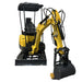 A Paddock Excavator Series 17 by Paddock, with a black bucket attachment from the 6 Attachments Bundle, is parked indoors on a concrete floor near a warehouse wall and storage shelves.