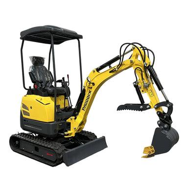 The Paddock Excavator Series 17, shown clean and new on a white background, features a yellow canopy design with rubber tracks and a digging bucket. This versatile mini excavator comes in a 6 attachments bundle from Paddock.
