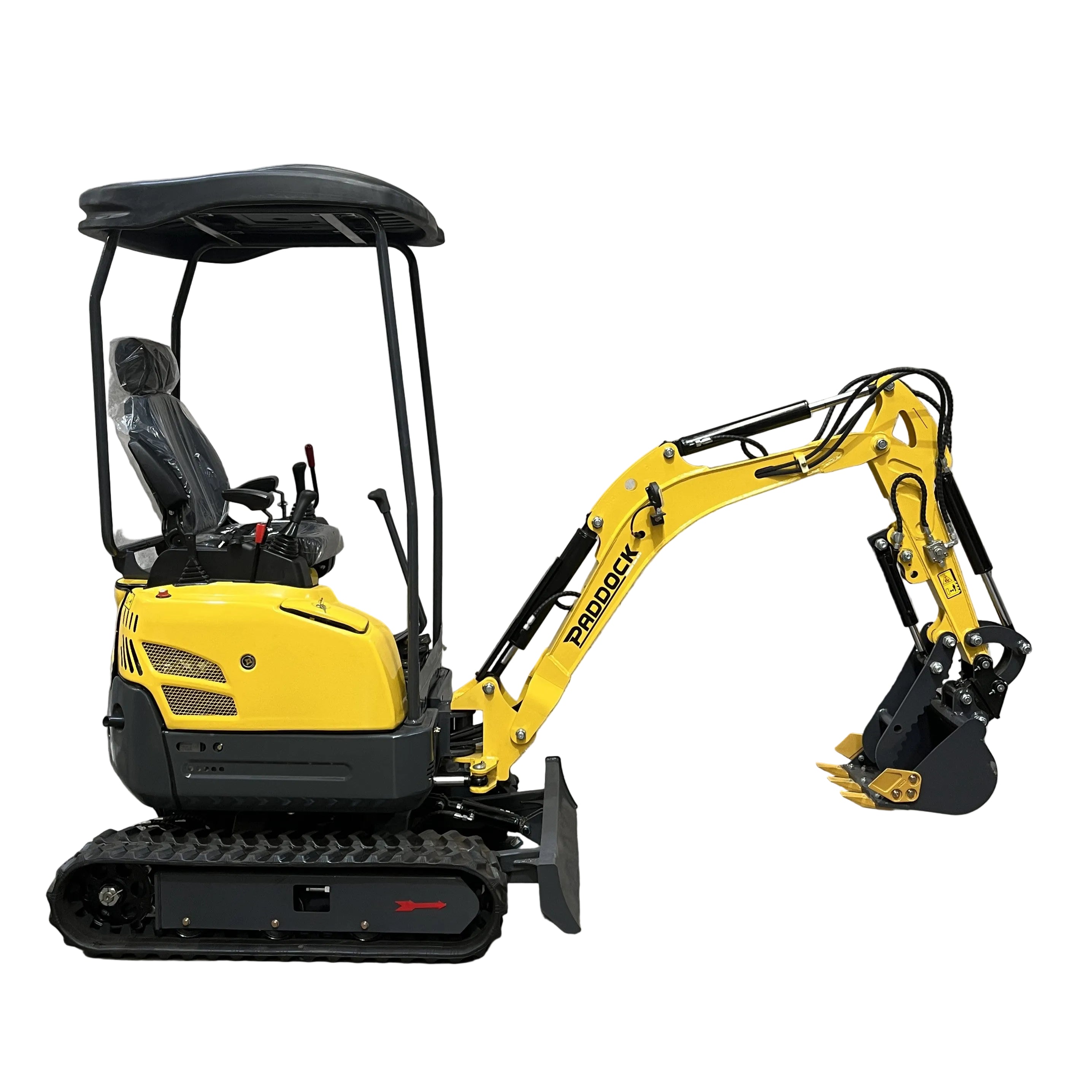 A compact yellow Paddock Excavator Series 17 with canopy, black tracks, and a digging bucket is shown on a white background. The brand "Paddock" is printed on the arm of this versatile excavator with 6 attachments.