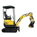 A compact yellow Paddock Excavator Series 17 with canopy, black tracks, and a digging bucket is shown on a white background. The brand "Paddock" is printed on the arm of this versatile excavator with 6 attachments.