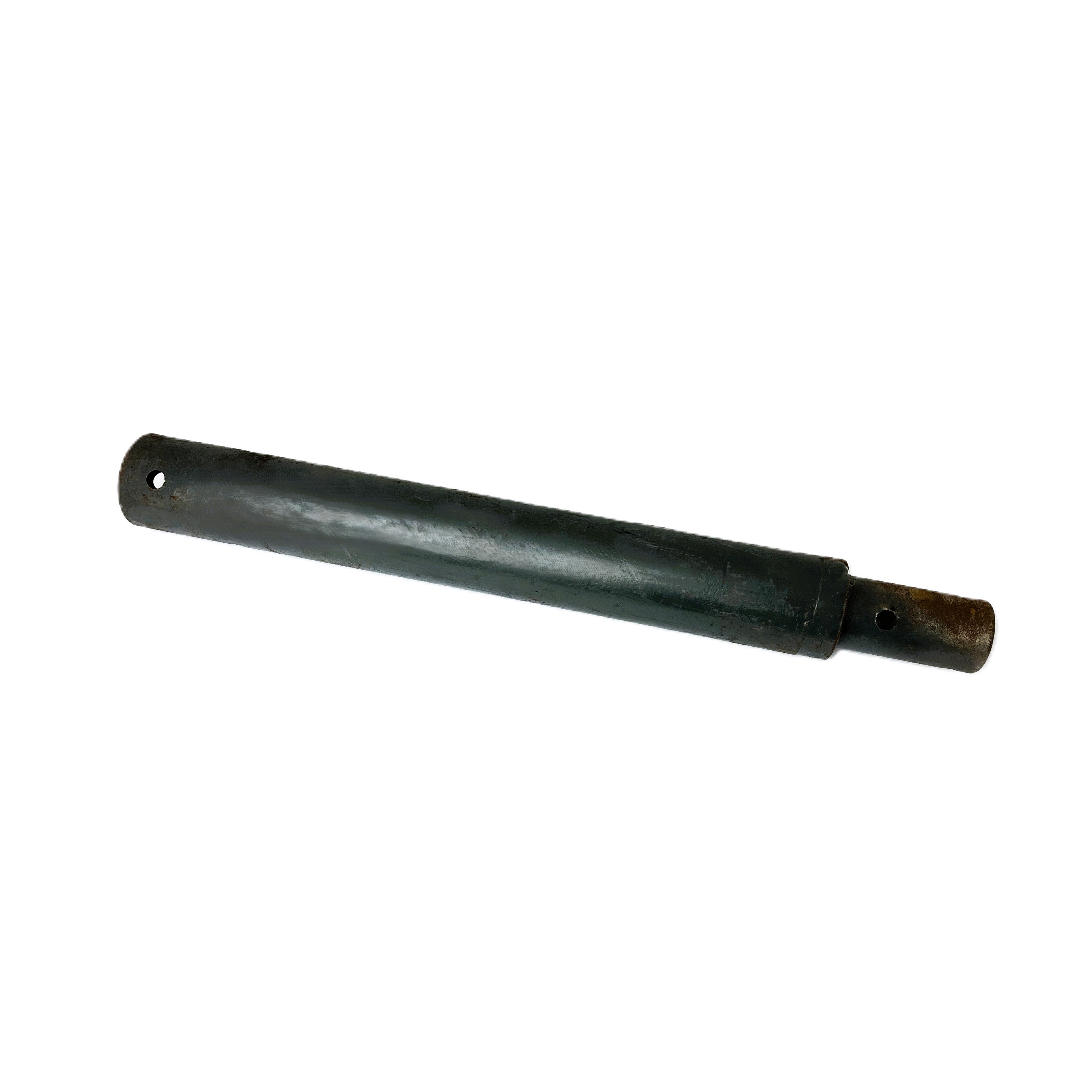 The Paddock Excavator Auger Extension 500mm by Paddock is a heavy-duty steel cylindrical pipe with a slightly rusted smaller extension and holes at both ends, ideal for extending augers. Shown isolated on a white background.