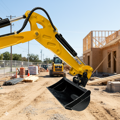 A close-up of a Paddock Excavator Bucket trenching attachment by Paddock at a construction site, with a partially framed wooden building and materials in the background.