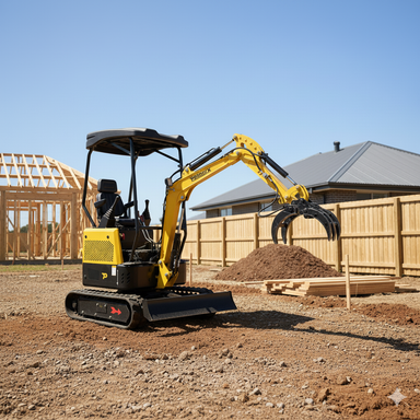 A Paddock Excavator Grapple by Paddock is parked on a construction site near a wooden frame, dirt pile, houses, and a wooden fence under a clear blue sky.