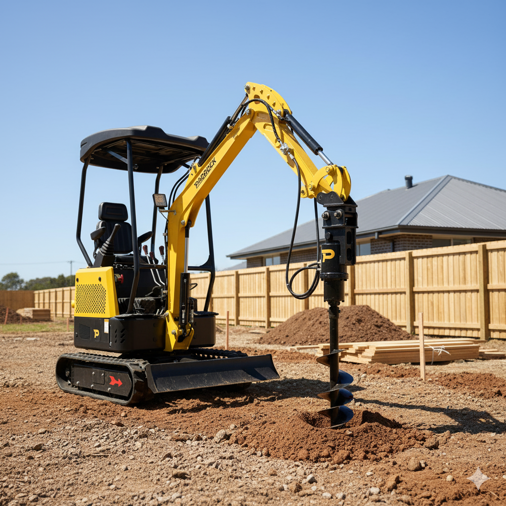 A yellow mini excavator fitted with the Paddock Excavator Auger Drive from Paddock drills into soil at a construction site, with a wooden fence, dirt piles, and a house visible in the background under a clear blue sky.