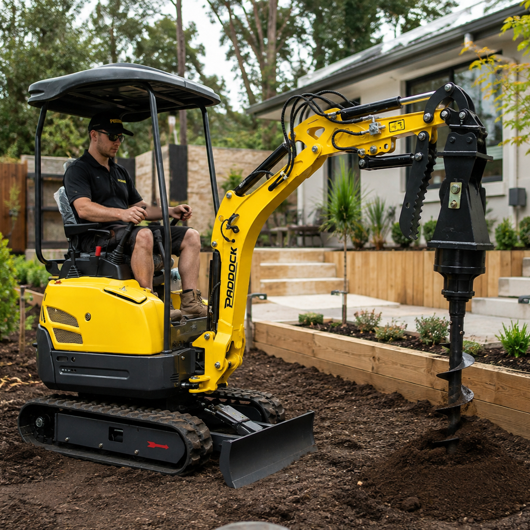 A yellow mini excavator fitted with the Paddock Excavator Auger Drive from Paddock drills into soil at a construction site, with a wooden fence, dirt piles, and a house visible in the background under a clear blue sky.