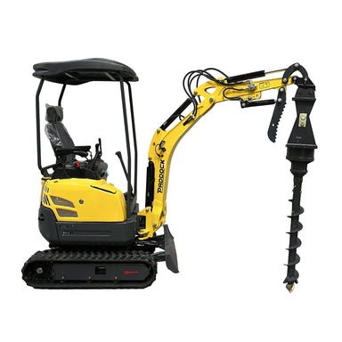 The Paddock Excavator Auger Drive by Paddock is a compact yellow machine with rubber tracks, black seat and canopy, and an auger attachment for drilling holes—perfect for efficient trenching applications.