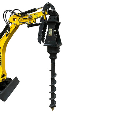 A yellow mini excavator with a black Paddock Excavator Auger Drive by Paddock is positioned indoors against a concrete wall. Perfect for trenching, this setup offers dependable auger drive technology for ground drilling.