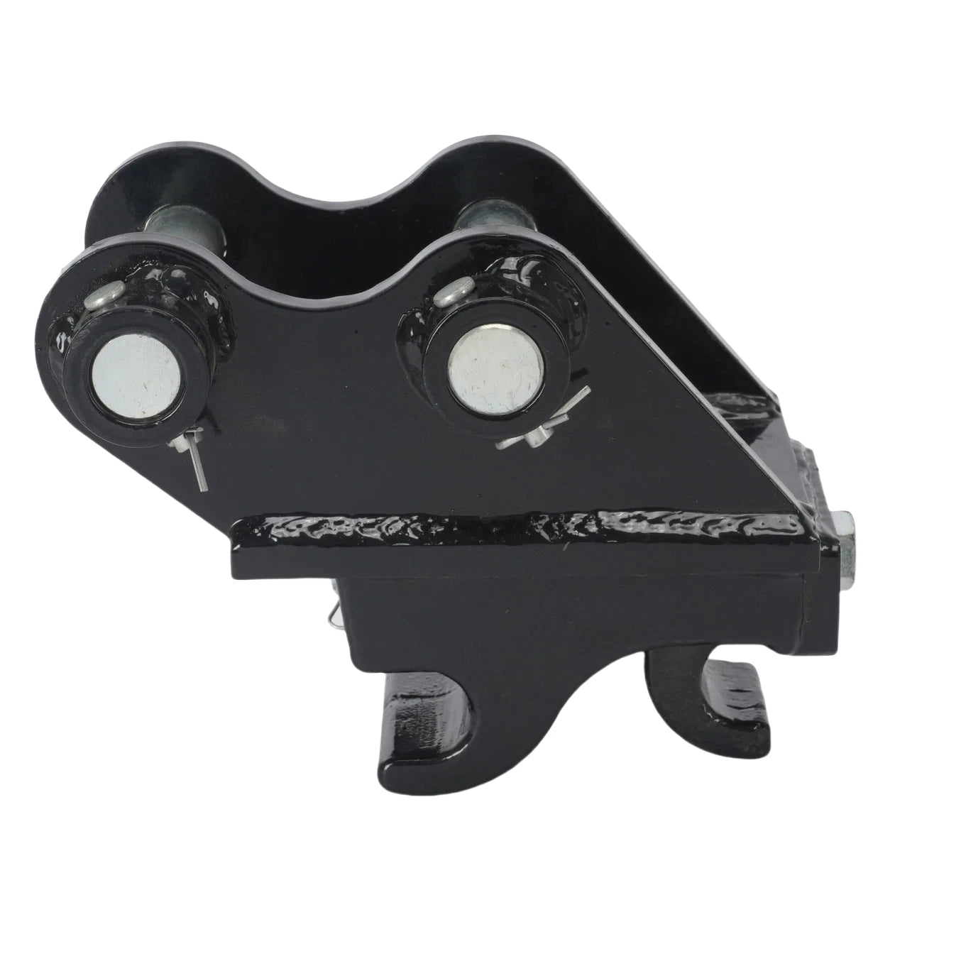 The Paddock Excavator Quick Hitch Attachment by Paddock is a black metal coupler with two large bolts and pins, designed to securely connect buckets or tools to heavy machinery using its hook-like lower section.