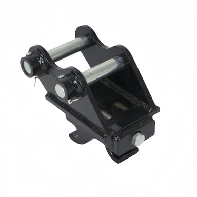 A Paddock Excavator Quick Hitch Attachment by Paddock, featuring a black metal build and two cylindrical pins for connecting excavator attachments, is displayed against a white background.