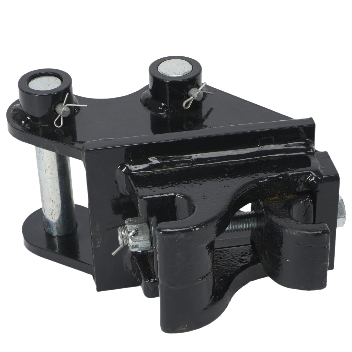 The Paddock Excavator Quick Hitch Attachment by Paddock is a black metal lock with two securing pins and a bolt, designed for clamping onto trailer couplers or securing excavator attachments for enhanced security.