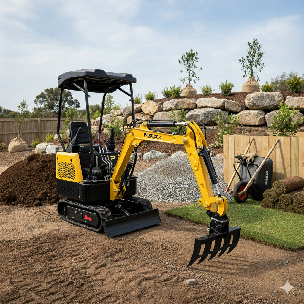 A compact yellow and black mini excavator fitted with a Paddock Excavator Rake by Paddock is parked on dirt in a landscaped yard, near rolled turf and gravel, with stacked rocks and shrubs in the background.