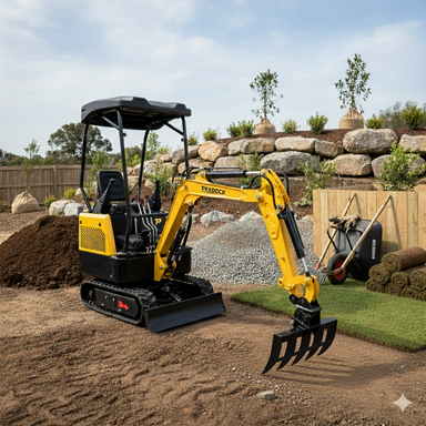 A compact yellow and black mini excavator fitted with a Paddock Excavator Rake by Paddock is parked on dirt in a landscaped yard, near rolled turf and gravel, with stacked rocks and shrubs in the background.