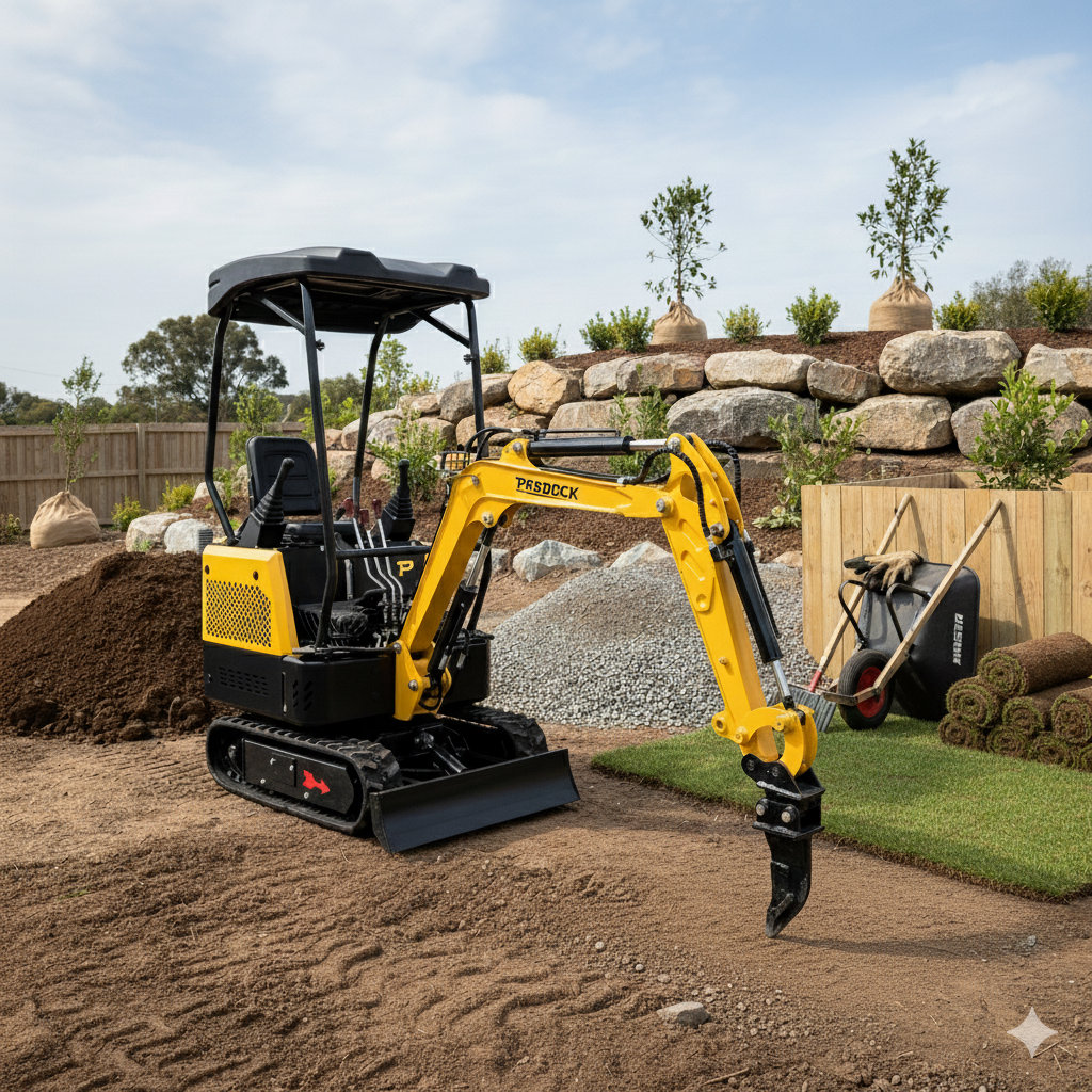 A compact yellow Paddock mini excavator fitted with a Paddock Excavator Ripper is parked on landscaped grounds near sod rolls, soil piles, garden tools, large rocks, and young trees.