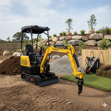 A compact yellow Paddock mini excavator fitted with a Paddock Excavator Ripper is parked on landscaped grounds near sod rolls, soil piles, garden tools, large rocks, and young trees.