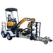 A Paddock Mini Loader & Excavator Alloy Equipment Trailer by Paddock carries a yellow mini excavator with auger, securely loaded and ready for transport, set against a white background.