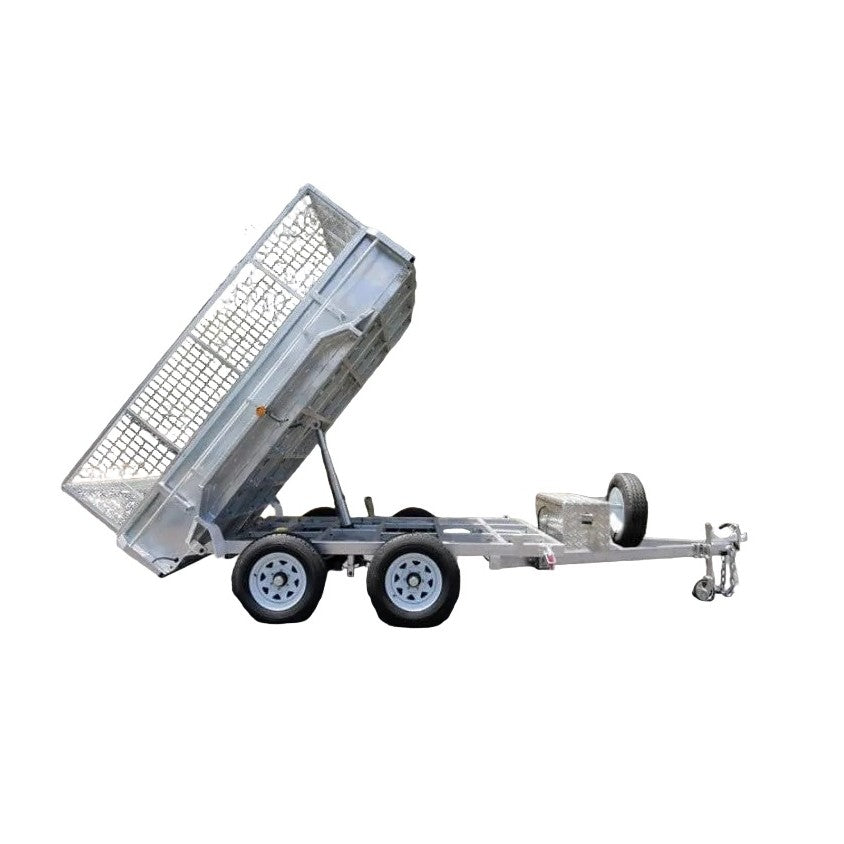 The Paddock Mini Loader & Excavator Alloy Equipment Trailer by Paddock is a robust Australian-made dual-axle trailer with mesh sides, tilting bed for easy dumping, and a spare tire mounted near the hitch for added convenience.