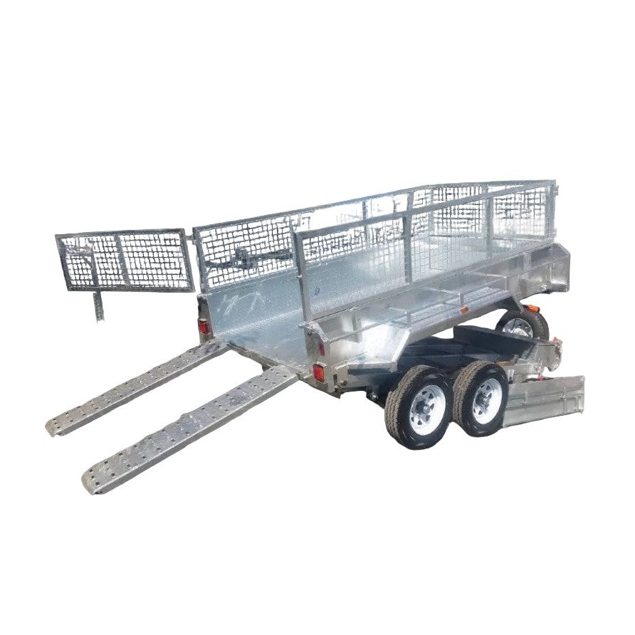 The Paddock Mini Loader & Excavator Alloy Equipment Trailer by Paddock features two axles, mesh sides, and dual rear loading ramps for easy equipment or material transport; Australian made for durability.