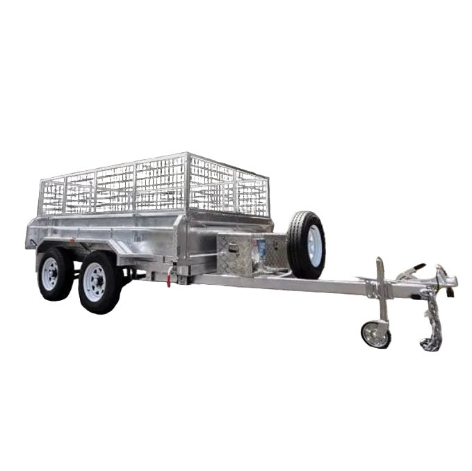 The Paddock Mini Loader & Excavator Alloy Equipment Trailer by Paddock features a silver double-axle design, metal mesh sides, front-mounted spare tire, and tow hitch—built tough like top Australian machinery trailers for reliable material transport.