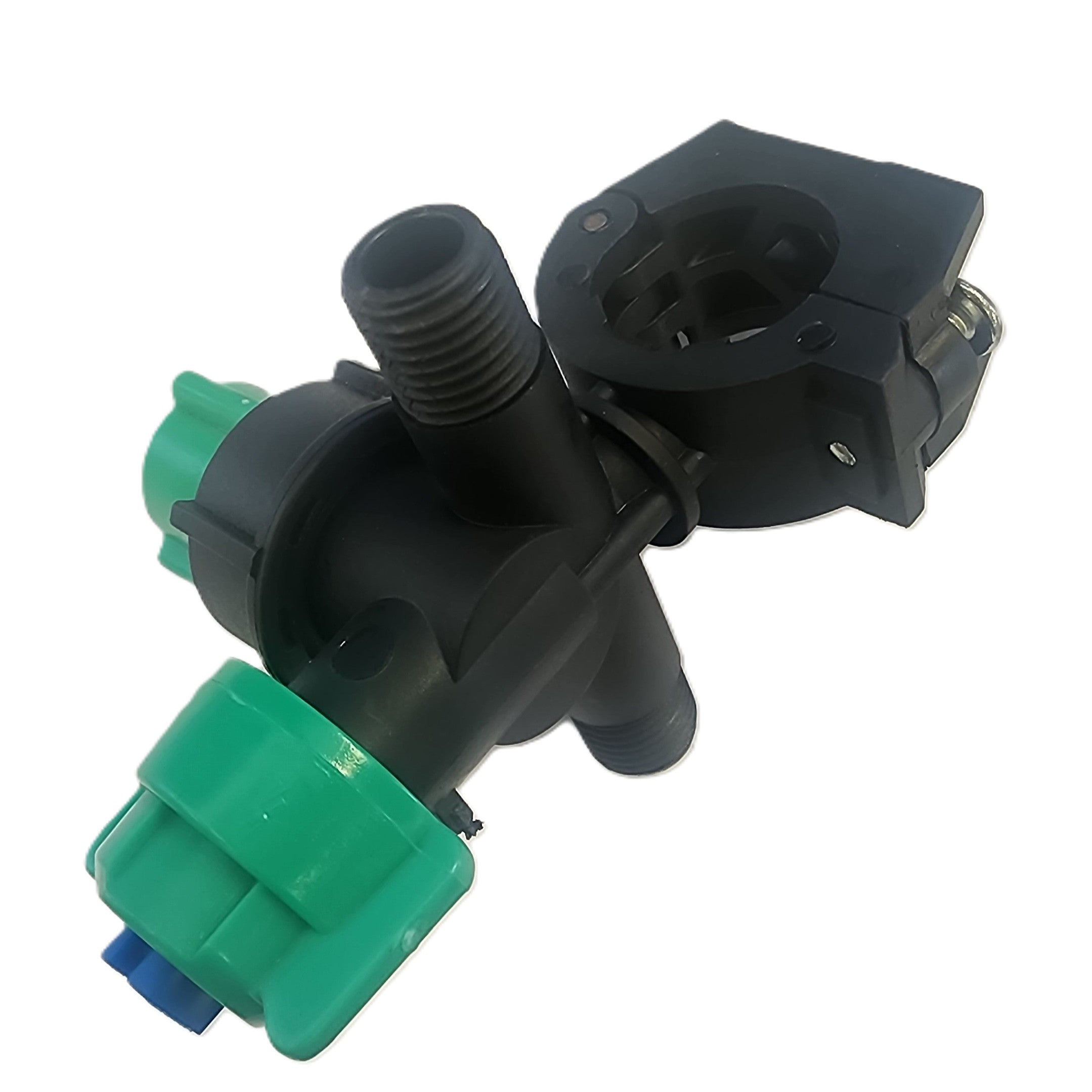 A close-up of the Scintex Paddock Spray Boom Tee Fitting Assembly shows a black plastic tee with two green end connectors, multiple threaded ports, and a clamp attachment, all isolated on a white background.