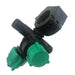 A close-up of the Scintex Paddock Spray Boom Tee Fitting Assembly, featuring black and green plastic construction with threaded connectors and clamp mechanism, ideal as a spray boom or replacement tee fitting for paddock sprayers, on a white background.