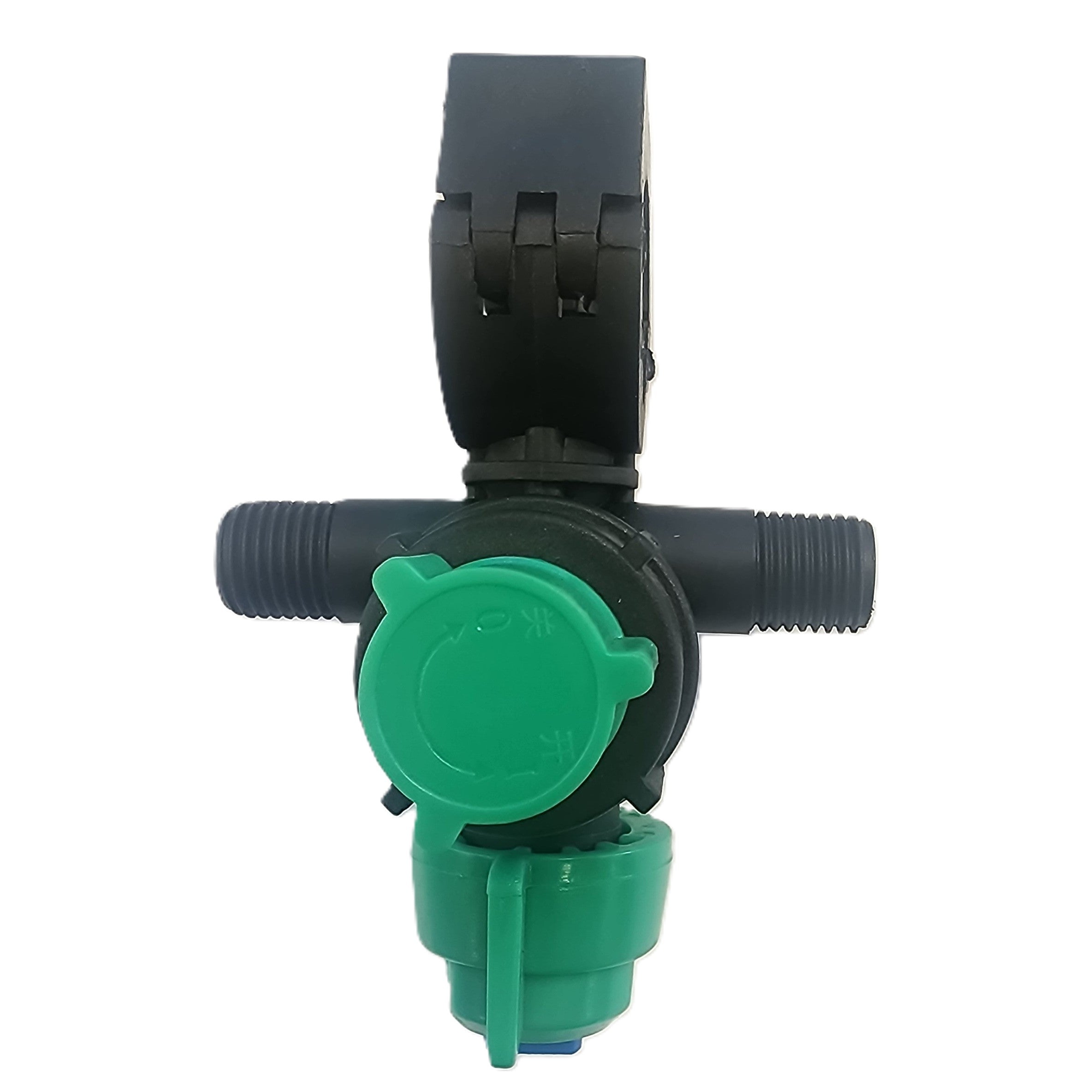 The Scintex Paddock Spray Boom Tee Fitting Assembly is a black and green plastic tee with threaded connectors and a round green cap, pictured on a white background. Perfect replacement part for Paddock sprayers.