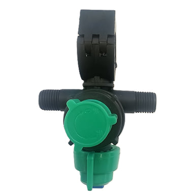 The Scintex Paddock Spray Boom Tee Fitting Assembly is a black and green plastic tee with threaded connectors and a round green cap, pictured on a white background. Perfect replacement part for Paddock sprayers.