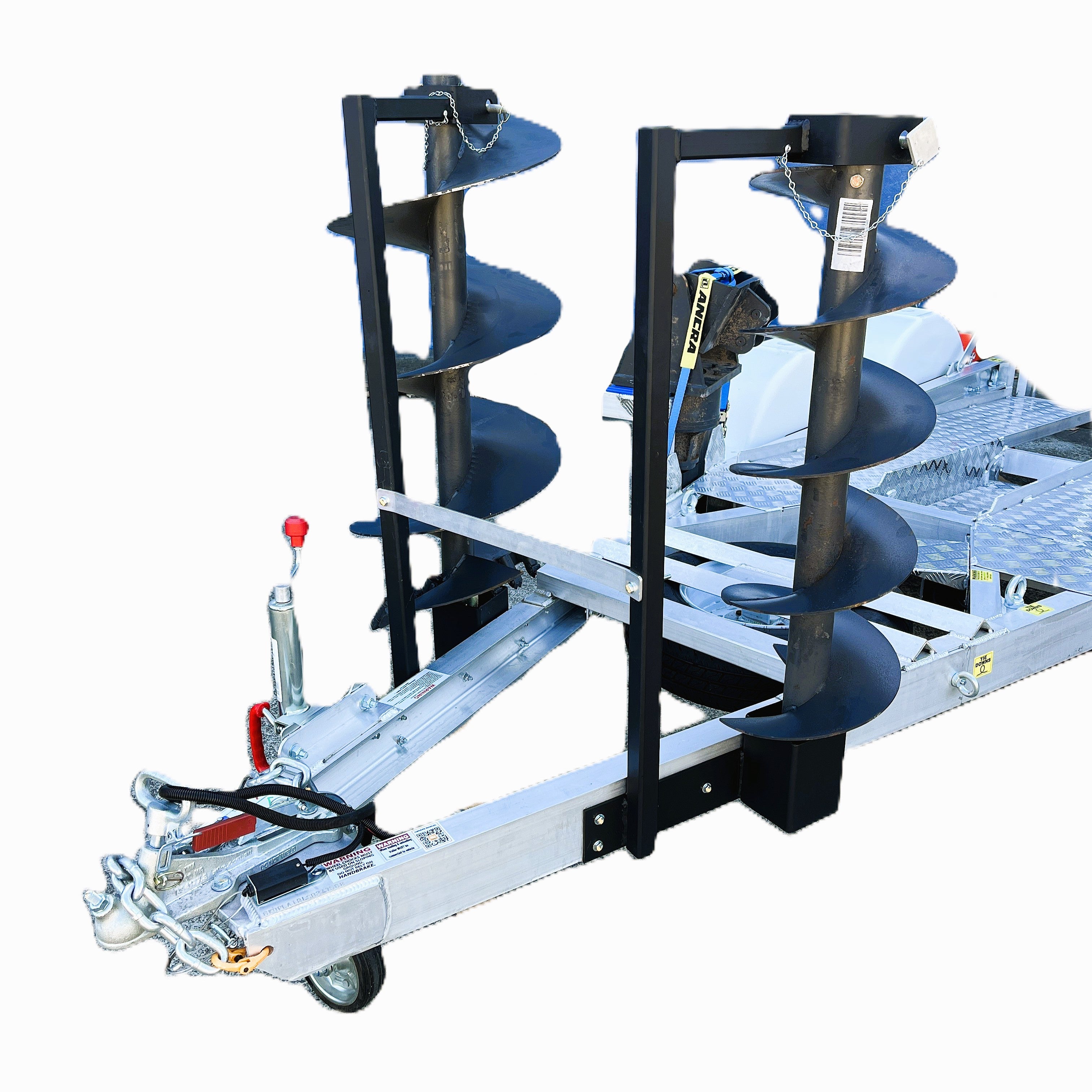 The Paddock Excavator 2.9T Trailer Auger Rack & Well Mount is a silver, Australian-made alloy trailer featuring two large auger drill bits in black holders near the hitch, heavy-duty components, and a sturdy wheel for reliable performance.