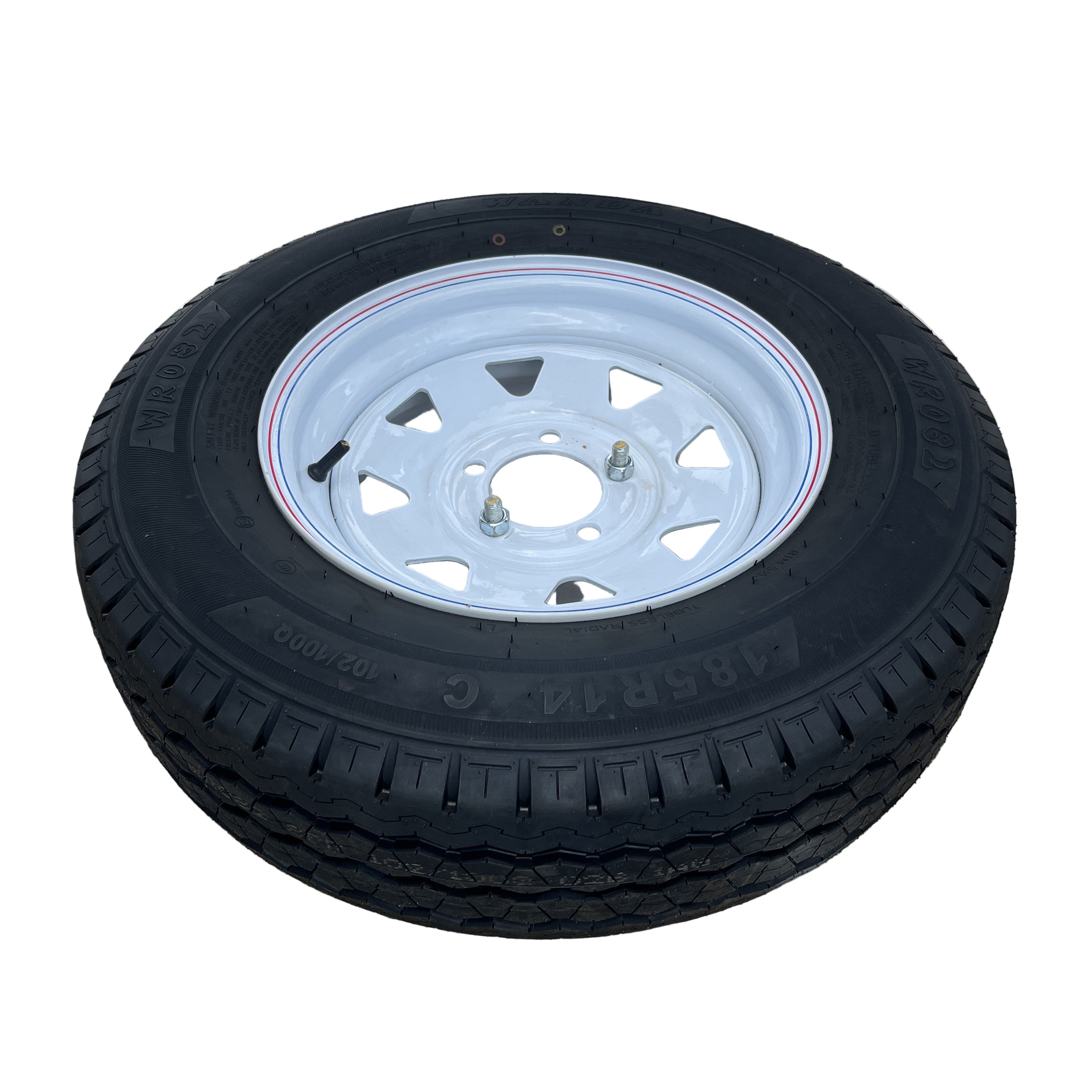 A black rubber tire with a white alloy rim, lying flat on a white background. Designed for Paddock Mini Loader & Excavator Alloy Equipment Trailers, it's ideal for heavy-duty use and features visible tread patterns and embossed markings.