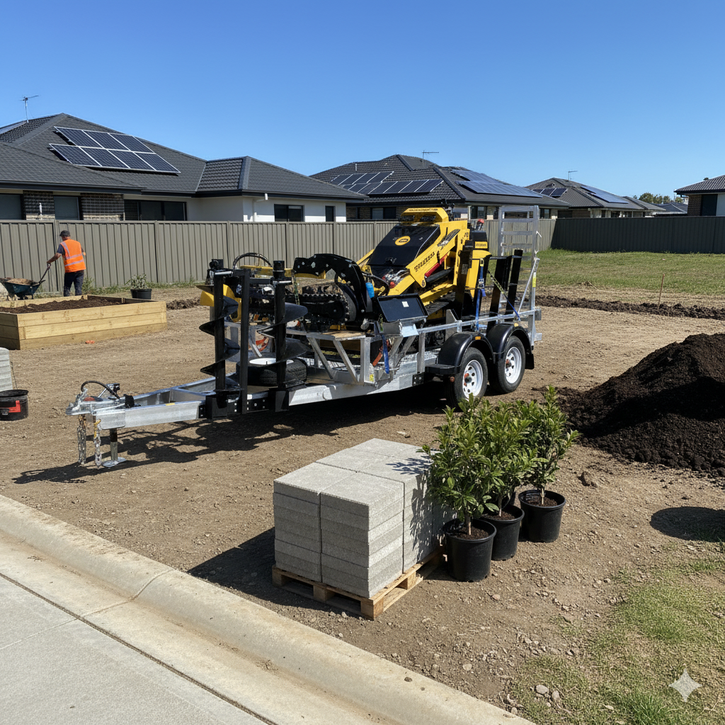 A Paddock Mini Loader & Excavator Alloy Equipment Trailer by Paddock holds a yellow mini digger at a construction site with soil piles, concrete pipes, and equipment visible in the background on a sunny day.