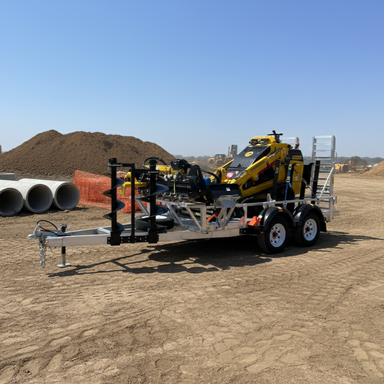 A Paddock Mini Loader & Excavator Alloy Equipment Trailer by Paddock holds a yellow mini digger at a construction site with soil piles, concrete pipes, and equipment visible in the background on a sunny day.