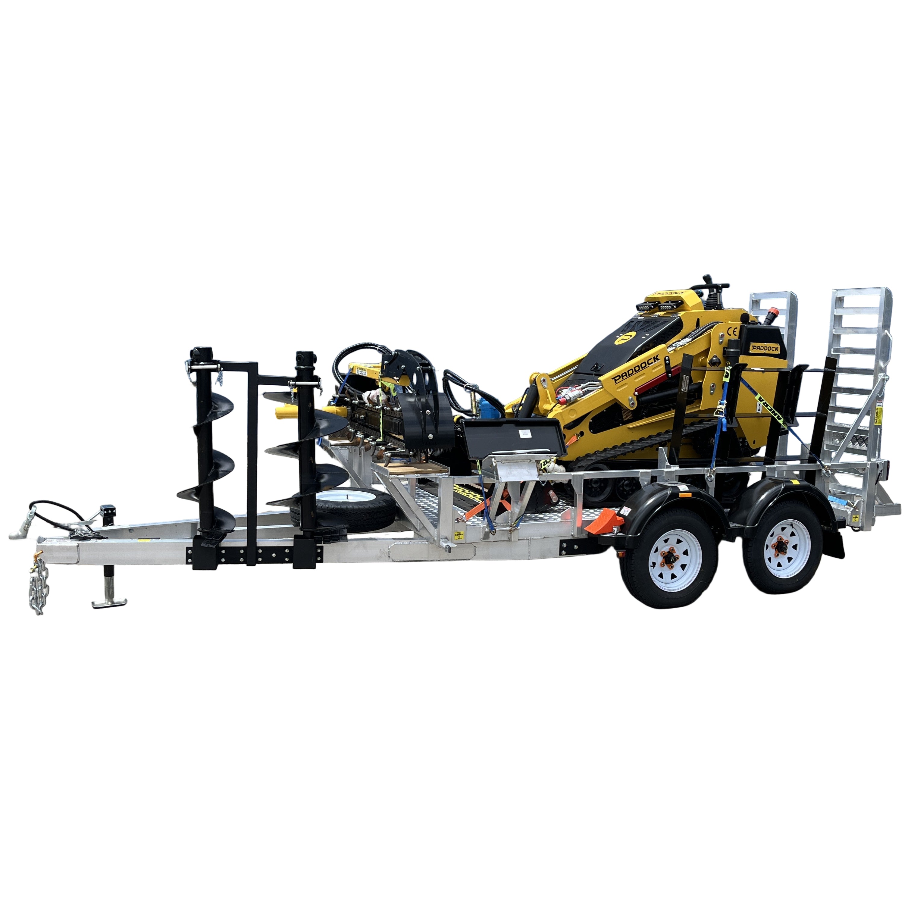 A Paddock Mini Loader is secured on a Paddock Mini Loader & Excavator Alloy Equipment Trailer, featuring dual axles, heavy-duty construction, mounted auger attachments on the side, and a rear metal ramp.