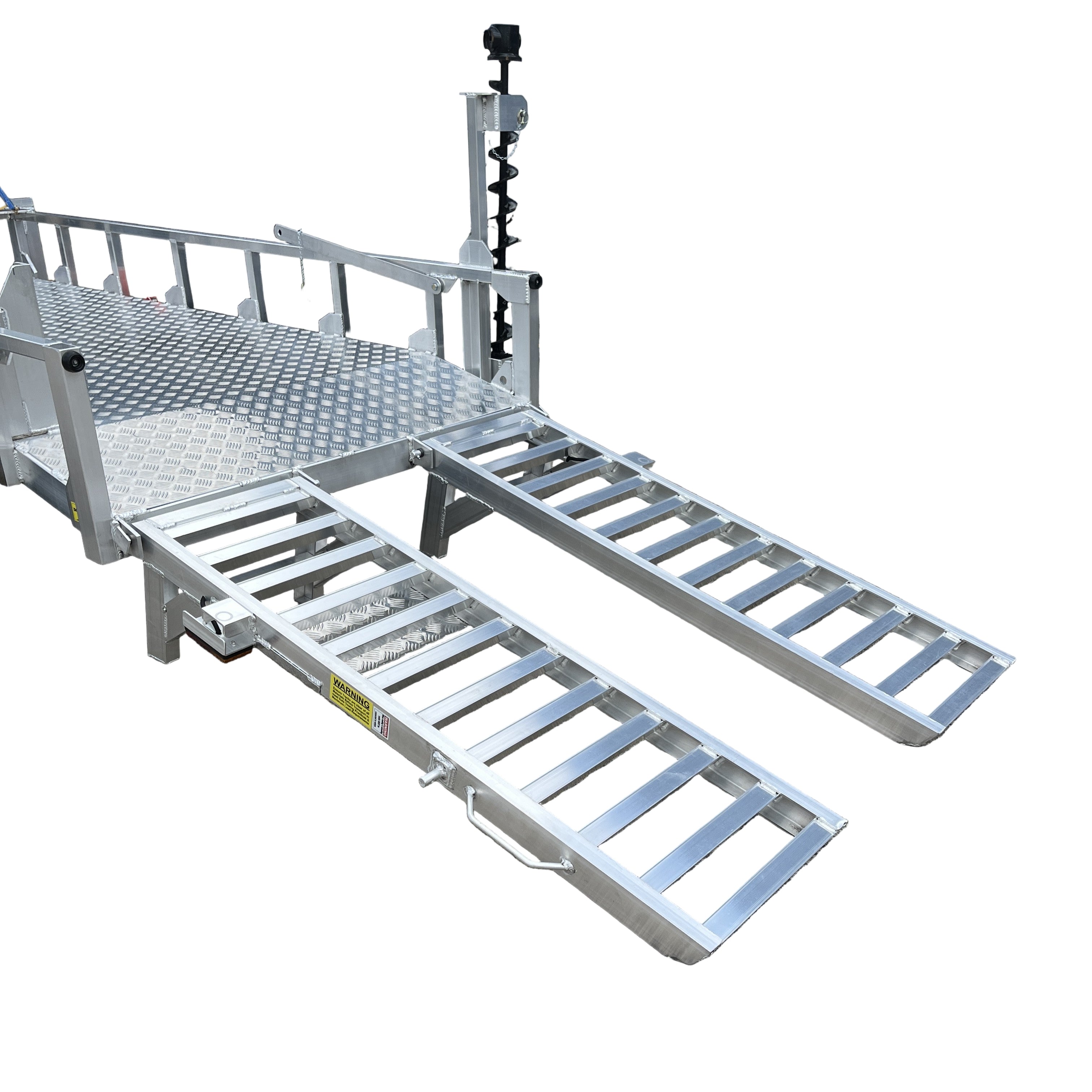 The Paddock Mini Loader & Excavator Alloy Equipment Trailers by Paddock feature silver metal ramps with dual grated tracks, attached to a trailer platform—ideal for loading heavy equipment and vehicles.