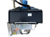 Paddock Mini Loader & Excavator Alloy Equipment Trailers by Paddock feature black and silver metal parts, a blue hydraulic component, and multiple cables and chains—perfect for Australian conditions—shown on a white background.