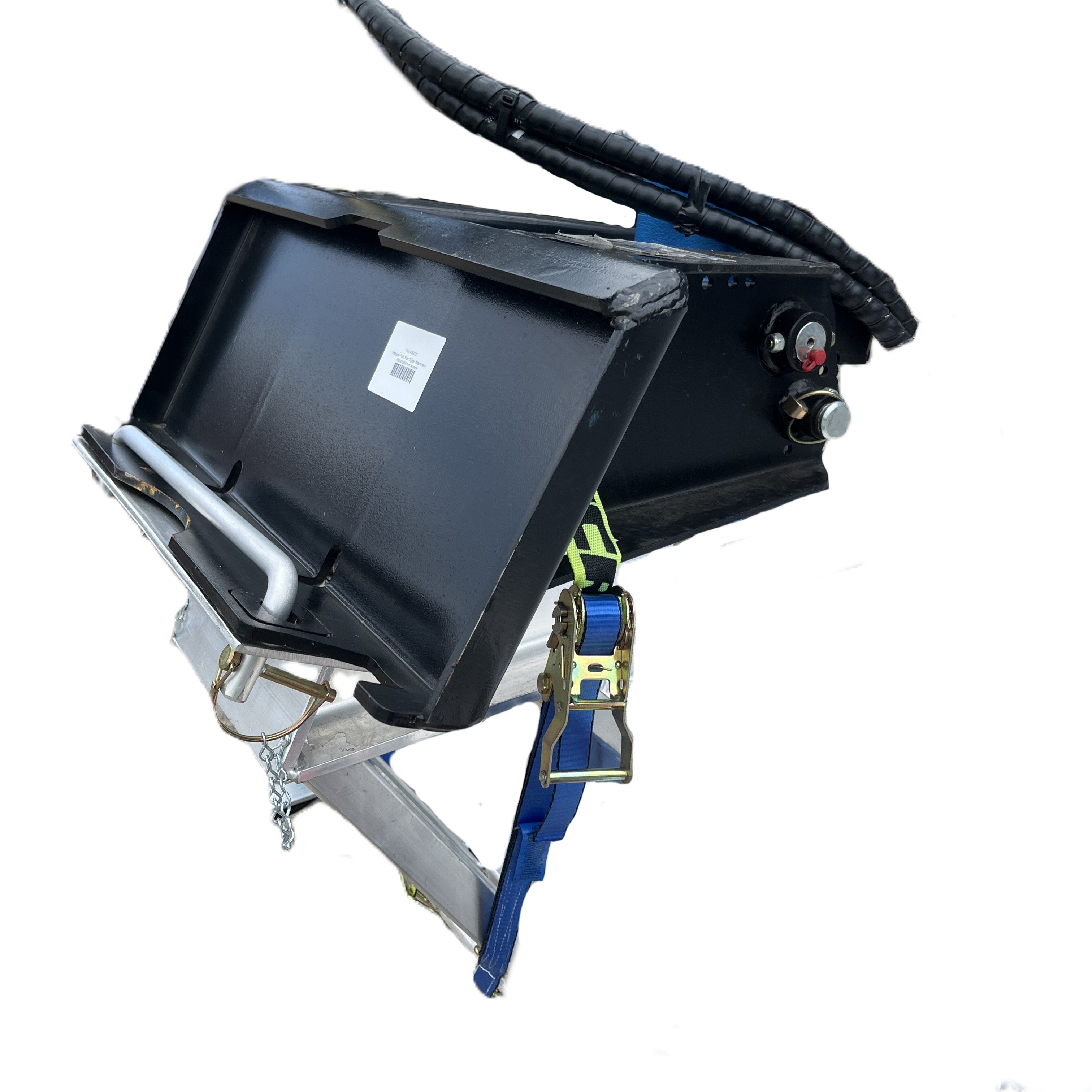 A Paddock Mini Loader Trailer Power Head Mount & 3x Auger Holder—black metal with attached wires, blue/yellow ratchet strap, silver handle, and control knobs—perfect for mini loader trailer setups, shown on a white background.