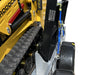 Close-up of a yellow tracked vehicle on a Paddock Mini Loader Trailer Spreader Bar Mount, secured with blue straps. The silver diamond-plate trailer highlights the quality of Australian made Paddock equipment. Background is white.