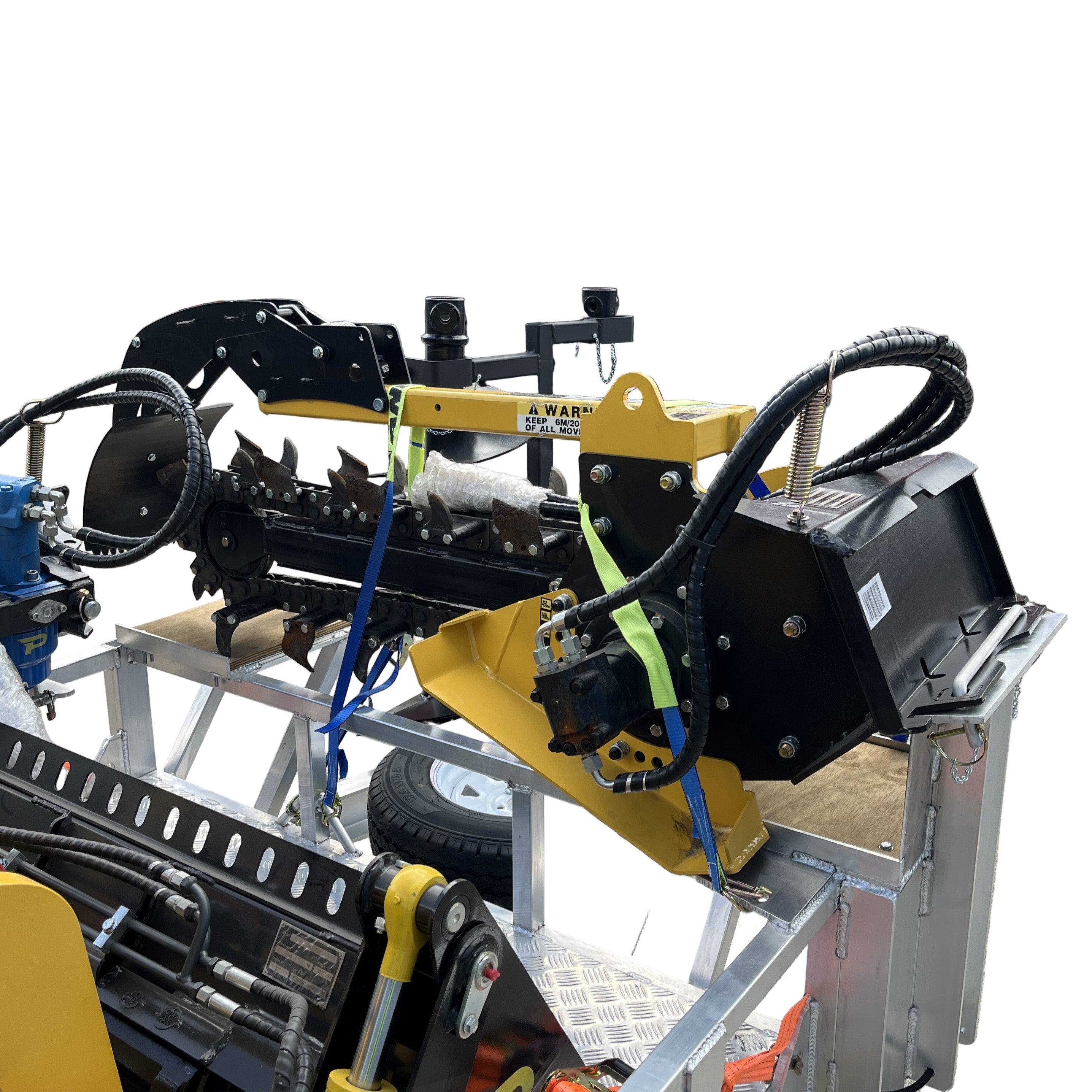 The Paddock Mini Loader & Excavator Alloy Equipment Trailers by Paddock Trencher mount—ideal for heavy-duty machinery or custom alloy trailers. Set against a white background.