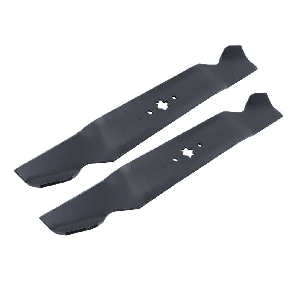 Two black Paddock RC Mower Finishing Blade Set blades are side by side, each featuring a central star-shaped mounting hole and upturned ends. Their smooth, angular edges from Paddock are designed for efficient grass cutting.