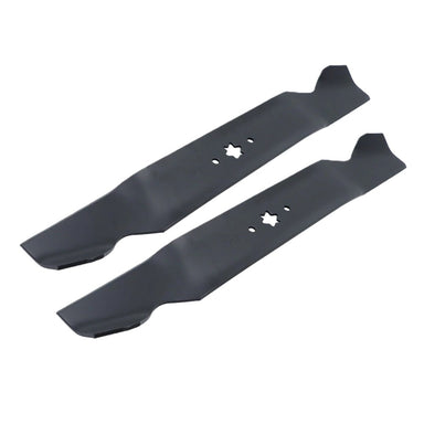 Two black Paddock RC Mower Finishing Blade Set blades are side by side, each featuring a central star-shaped mounting hole and upturned ends. Their smooth, angular edges from Paddock are designed for efficient grass cutting.