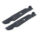 Two black Paddock RC Mower Finishing Blade Set blades are side by side, each featuring a central star-shaped mounting hole and upturned ends. Their smooth, angular edges from Paddock are designed for efficient grass cutting.