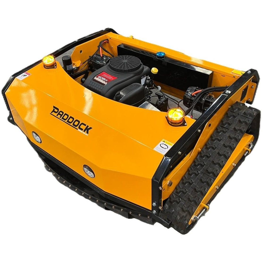 Yellow tracked machine with 'Paddock' branding on a white background
