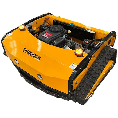 Yellow tracked machine with 'Paddock' branding on a white background