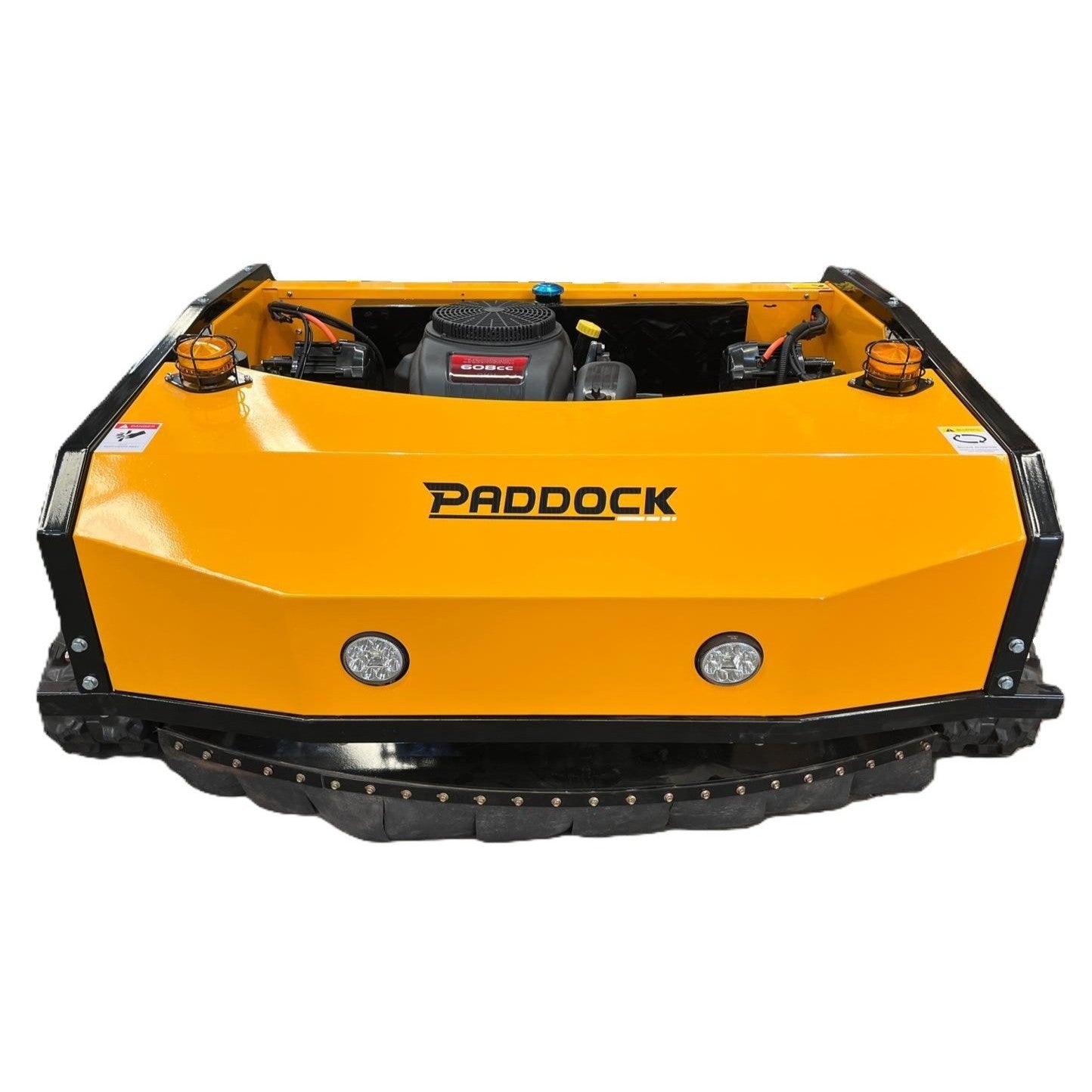 Front of Yellow tracked machine with 'Paddock' branding on a white background