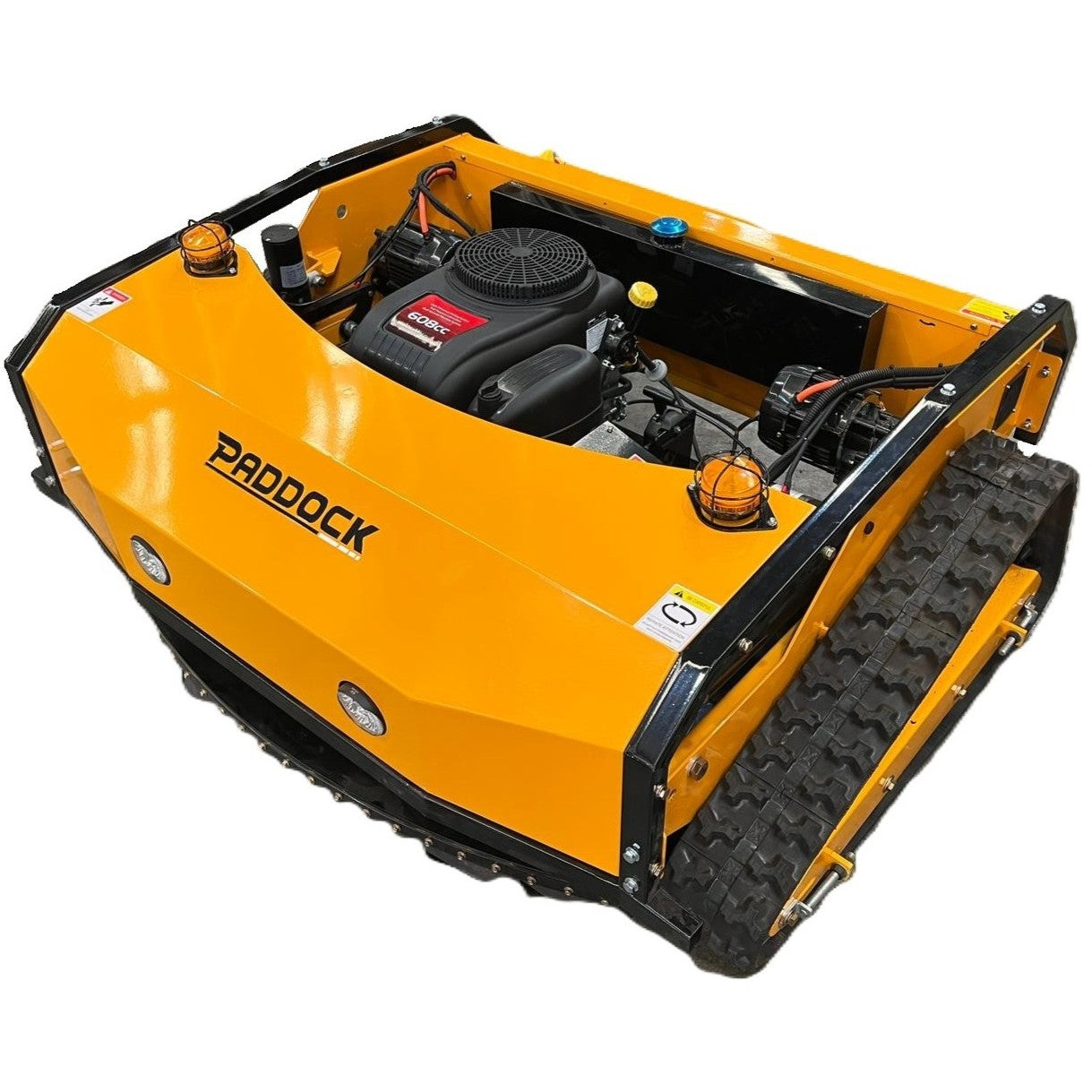 Yellow tracked machine with 'Paddock' branding on a white background