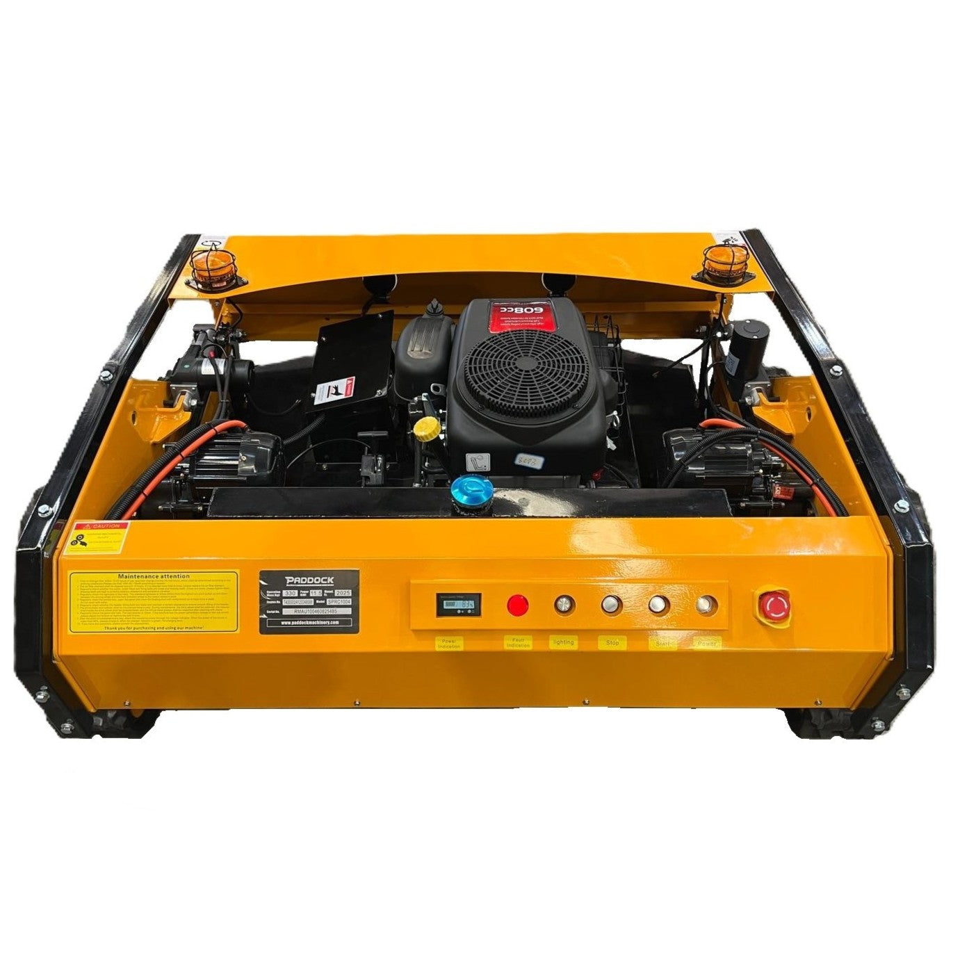 Yellow rear of tracked machine with 'Paddock' branding on a white background