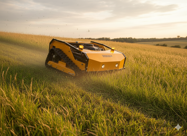A Paddock Remote Controlled Mower 16HP with 1100mm twin blade design and track drive cuts tall grass on a gently sloping field under a partly cloudy sunset sky.