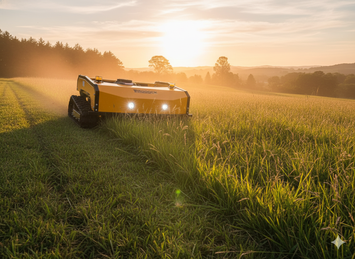 A yellow Paddock Remote Controlled Mower 16HP with a 1100mm twin blade design and headlights trims tall grass at sunset. This autonomous mower features a powerful 4-stroke petrol engine for efficient remote-controlled operation.