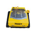 A yellow Paddock Remote Controlled Mower 7.5HP - 530mm features a vented metal cover, control panel, headlights, and emergency beacon on a white background. It's powered by a 4-stroke petrol engine and operates via track drive.