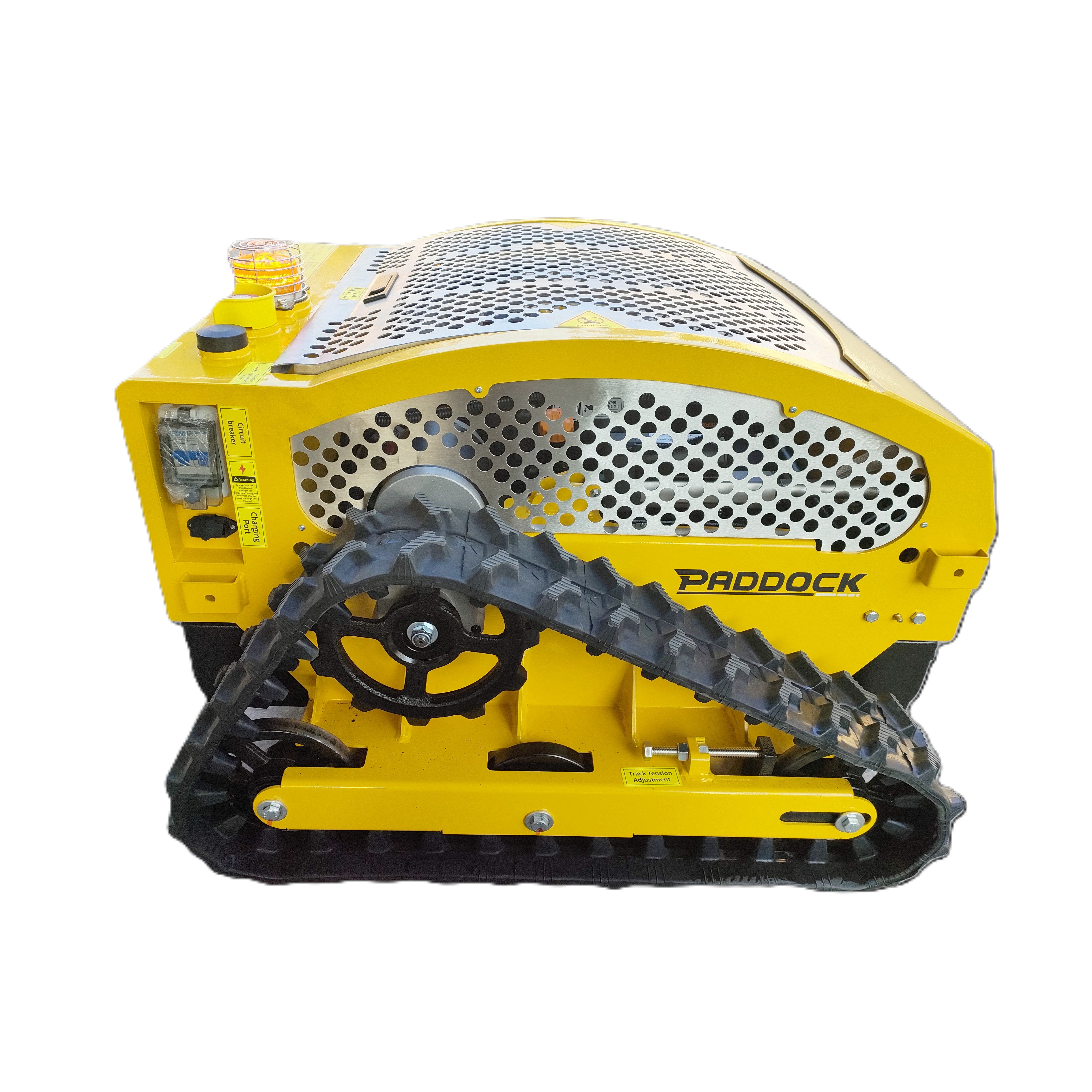 The Paddock Remote Controlled Mower 7.5HP - 530mm features a yellow design, perforated metal cover, black rubber tracks, and convenient top-left controls, ensuring robust performance in tough environments.