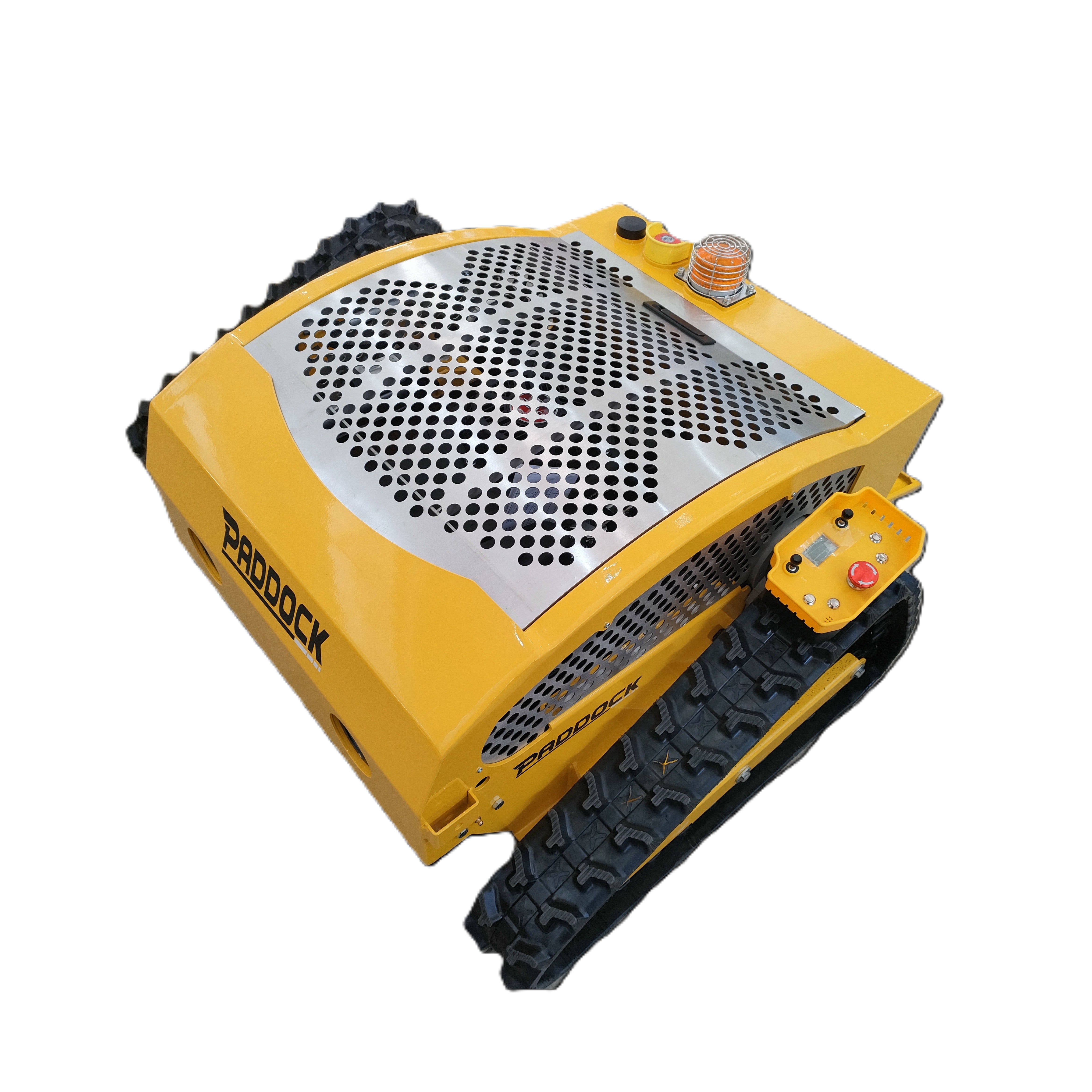 The Paddock Remote Controlled Mower 7.5HP - 530mm features a yellow tracked design, metal perforated cover, control buttons, and a 4-stroke petrol engine; shown isolated on a white background.