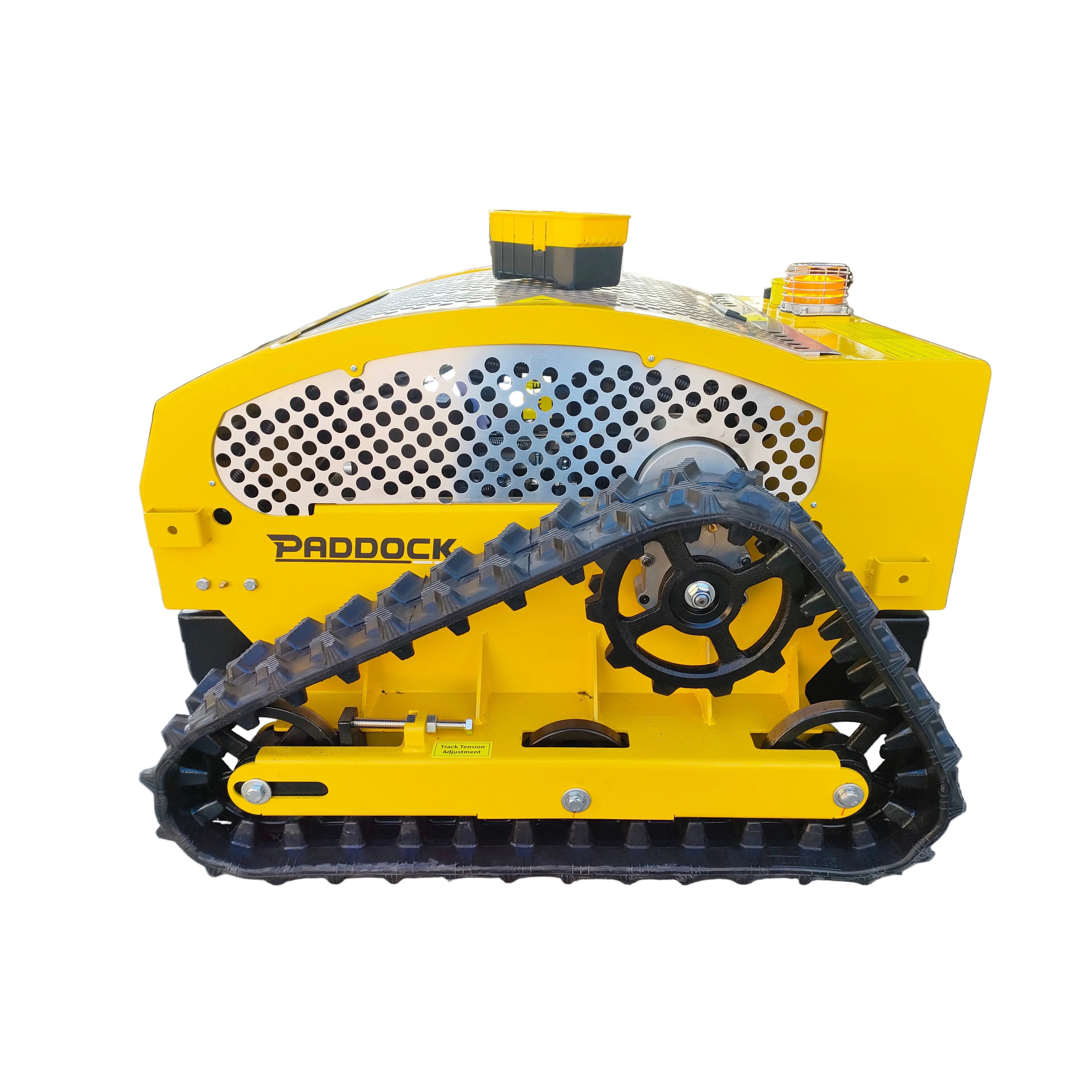 The Paddock Remote Controlled Mower 7.5HP - 530mm features a bright yellow body, black caterpillar tracks, perforated metal cover, top control knobs, and is powered by a reliable 4-stroke petrol engine.